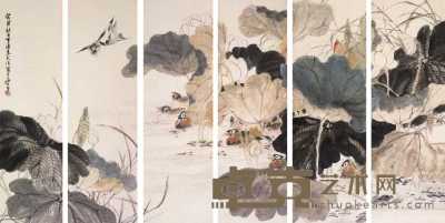 朱文侯 1933年作 鸳鸯和合图 六屏 93.5×29cm